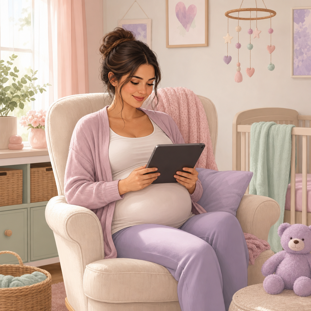 Gestante usando o app DBB Online em um quarto de bebê acolhedor