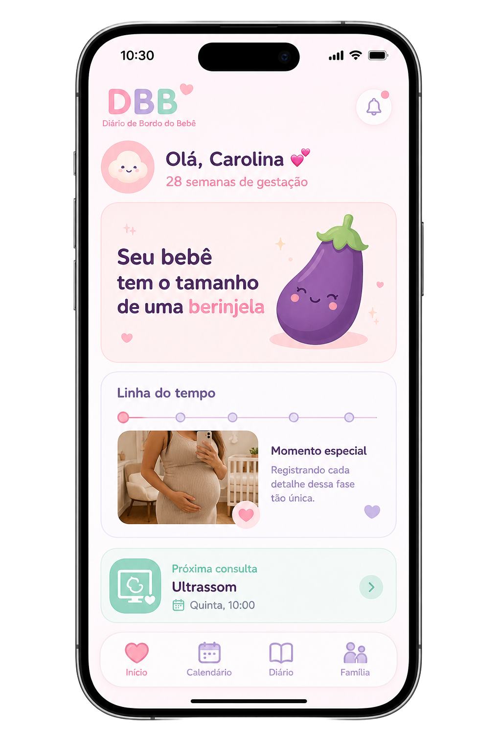 Tela do app DBB Online mostrando a jornada da gestação com semana, tamanho do bebê, timeline e próxima consulta